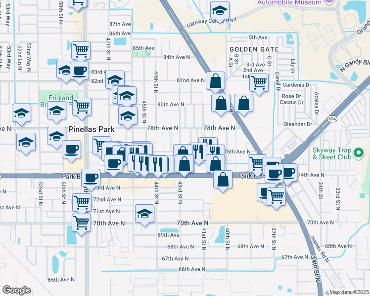 map of restaurants, bars, coffee shops, grocery stores, and more near 7630 43rd Street in Pinellas Park