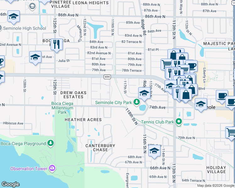 map of restaurants, bars, coffee shops, grocery stores, and more near 11877 74th Avenue North in Seminole
