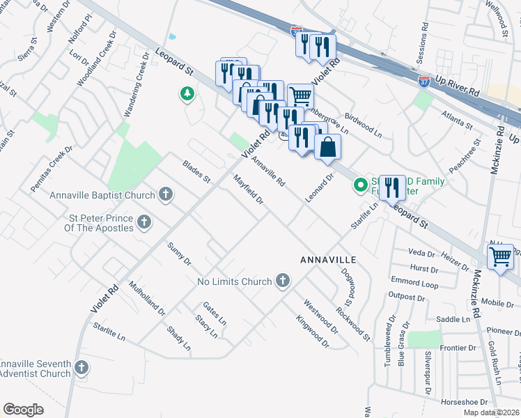 map of restaurants, bars, coffee shops, grocery stores, and more near 11009 Mayfield Drive in Corpus Christi