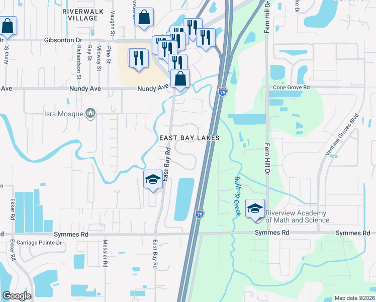 map of restaurants, bars, coffee shops, grocery stores, and more near 9622 Cypress Harbor Drive in Gibsonton