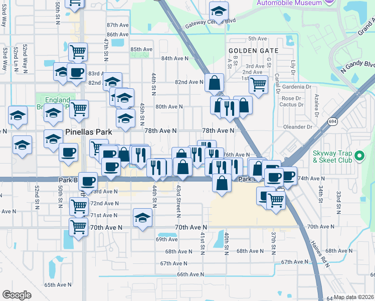 map of restaurants, bars, coffee shops, grocery stores, and more near 7616 42nd Lane North in Pinellas Park