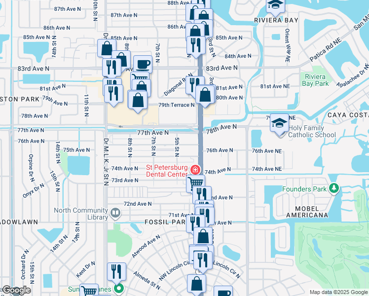 map of restaurants, bars, coffee shops, grocery stores, and more near 439 76th Avenue North in St. Petersburg