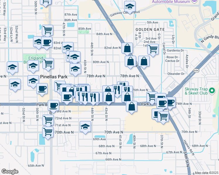 map of restaurants, bars, coffee shops, grocery stores, and more near 7630 43rd Street in Pinellas Park
