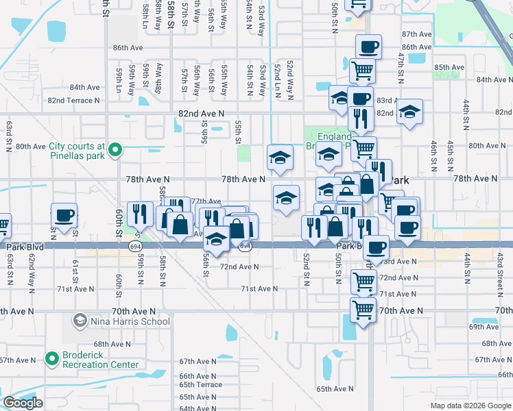 map of restaurants, bars, coffee shops, grocery stores, and more near 5380 77th Avenue in Pinellas Park