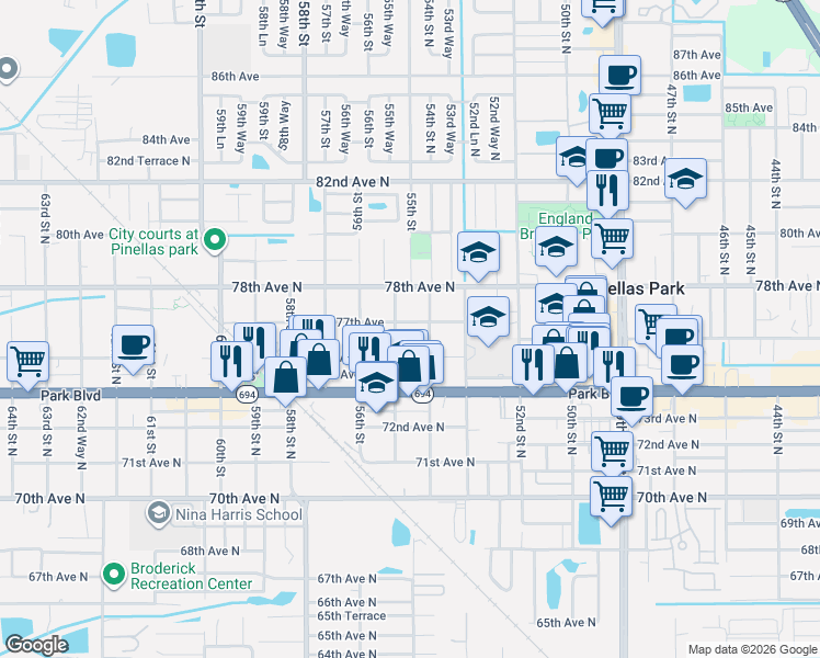 map of restaurants, bars, coffee shops, grocery stores, and more near 5474 77th Avenue in Pinellas Park