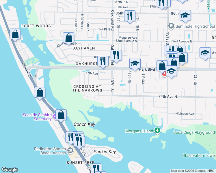 map of restaurants, bars, coffee shops, grocery stores, and more near 13710 76th Avenue North in Seminole