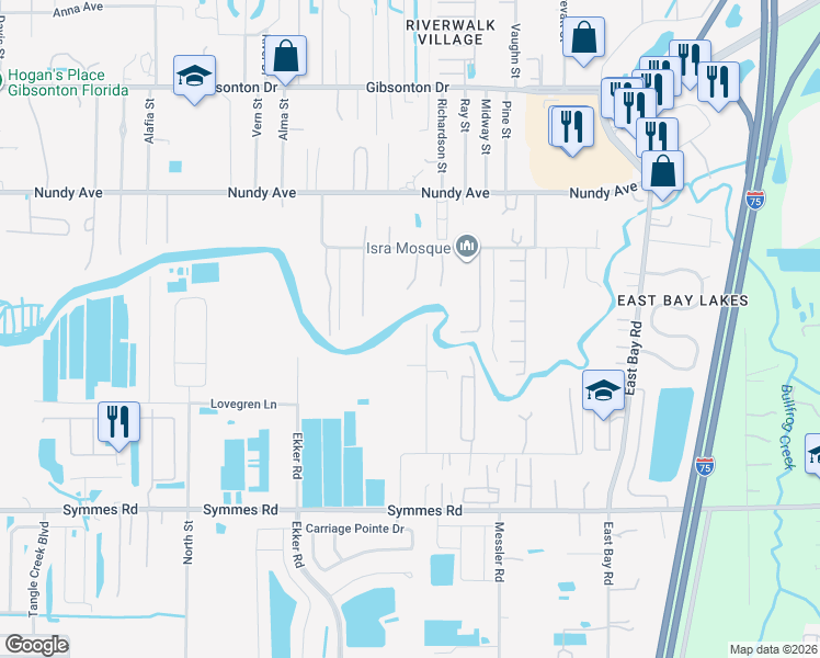 map of restaurants, bars, coffee shops, grocery stores, and more near 11013 Spivey Road in Gibsonton
