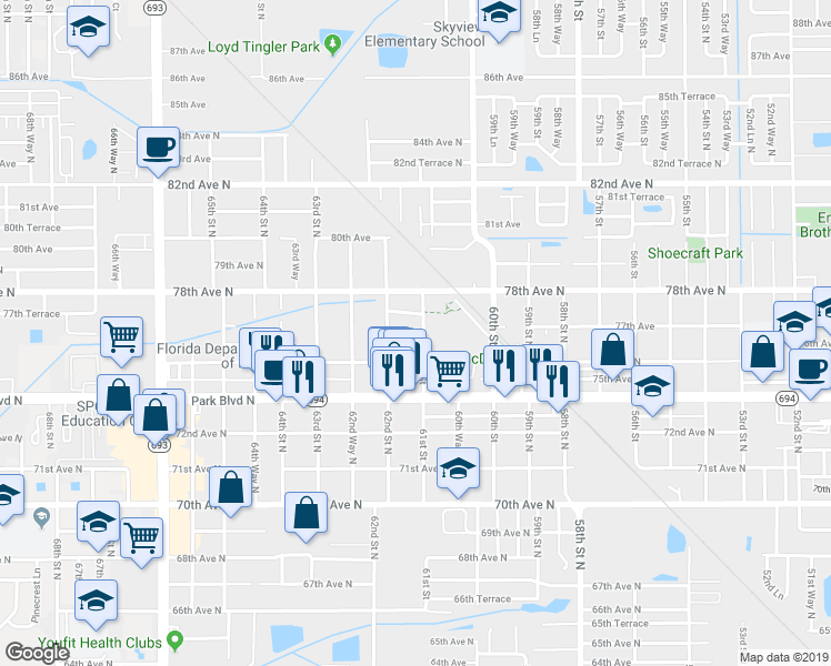 map of restaurants, bars, coffee shops, grocery stores, and more near 7700 61st Street in Pinellas Park