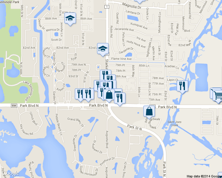 map of restaurants, bars, coffee shops, grocery stores, and more near 7673 Starkey Road in Seminole