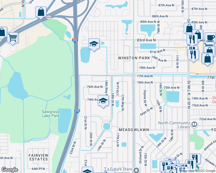 map of restaurants, bars, coffee shops, grocery stores, and more near 7617 18th Way North in St. Petersburg