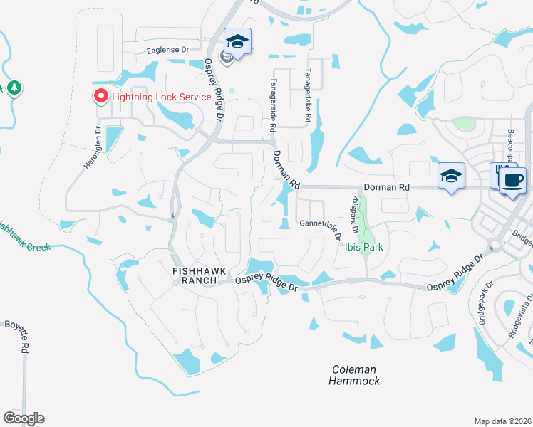map of restaurants, bars, coffee shops, grocery stores, and more near 6052 Sandhill Ridge Drive in Lithia