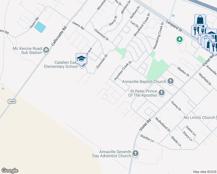 map of restaurants, bars, coffee shops, grocery stores, and more near 11617 Willowood Creek Drive in Corpus Christi