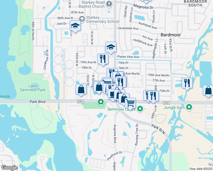 map of restaurants, bars, coffee shops, grocery stores, and more near 7620 Starkey Road in Seminole