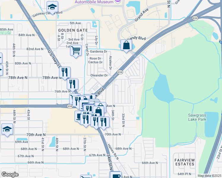 map of restaurants, bars, coffee shops, grocery stores, and more near 7644 34th Street in Pinellas Park