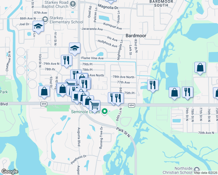 map of restaurants, bars, coffee shops, grocery stores, and more near 7656 85th Lane in Seminole