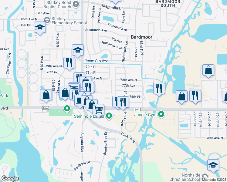 map of restaurants, bars, coffee shops, grocery stores, and more near 7656 85th Lane in Seminole