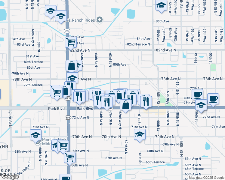 map of restaurants, bars, coffee shops, grocery stores, and more near 7689 63rd Street in Pinellas Park