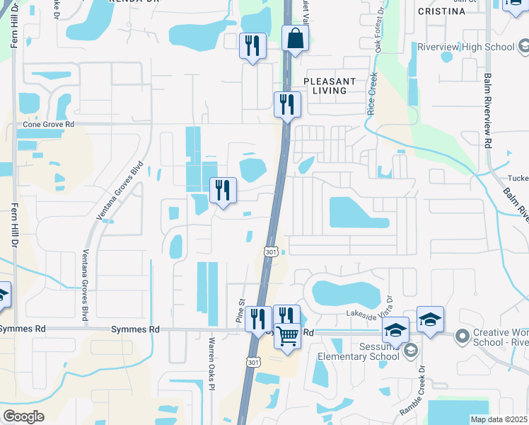 map of restaurants, bars, coffee shops, grocery stores, and more near 11016 U.S. 301 in Riverview