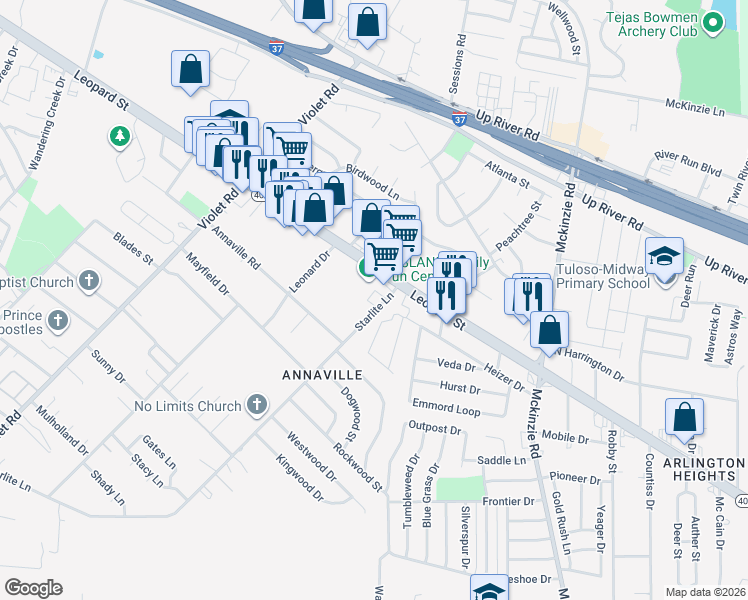 map of restaurants, bars, coffee shops, grocery stores, and more near 4341 Starlite Lane in Corpus Christi