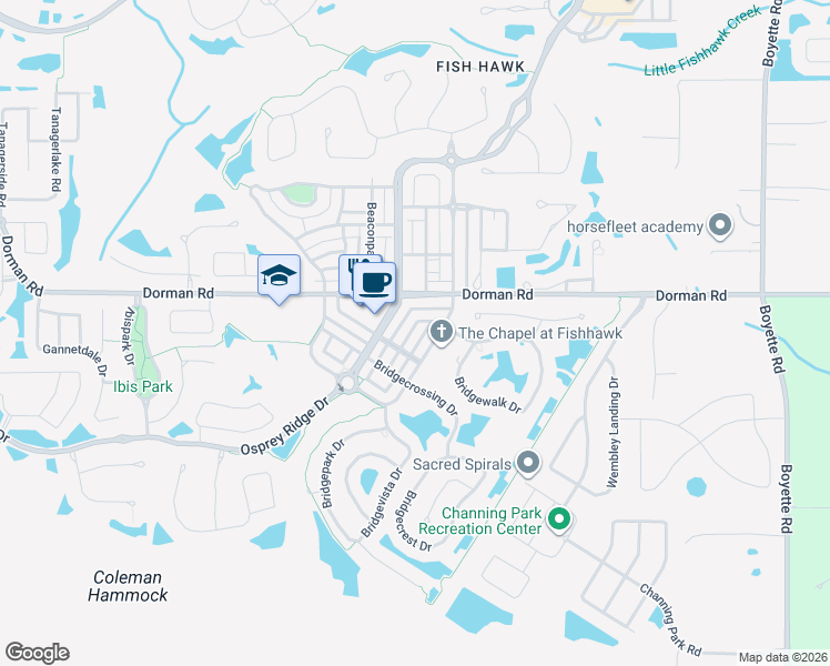 map of restaurants, bars, coffee shops, grocery stores, and more near 16215 Bridgewalk Drive in Lithia