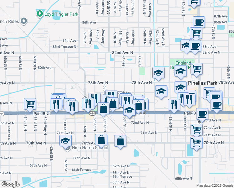 map of restaurants, bars, coffee shops, grocery stores, and more near 5680 77th Avenue in Pinellas Park