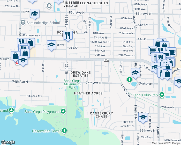 map of restaurants, bars, coffee shops, grocery stores, and more near 7576 Barry Ct in Seminole