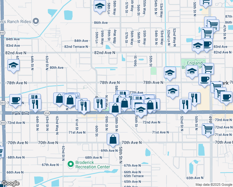 map of restaurants, bars, coffee shops, grocery stores, and more near 7690 58th St N in Pinellas Park