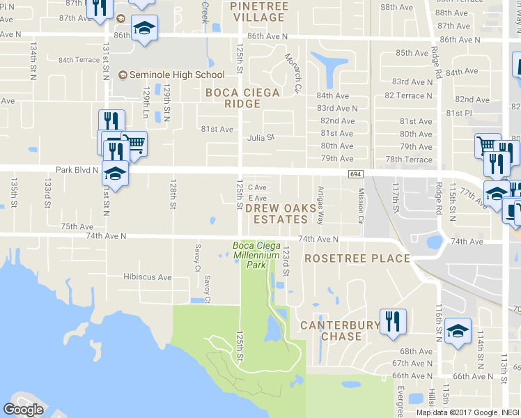 map of restaurants, bars, coffee shops, grocery stores, and more near 7496 Drew Oaks Drive in Seminole