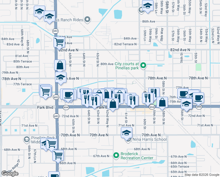 map of restaurants, bars, coffee shops, grocery stores, and more near 7681 62nd Way North in Pinellas Park