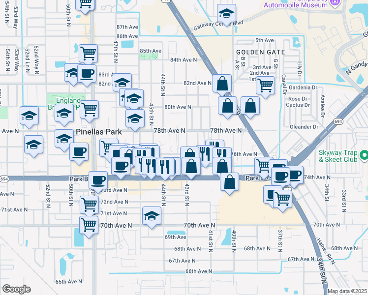 map of restaurants, bars, coffee shops, grocery stores, and more near 7630 43rd Street in Pinellas Park