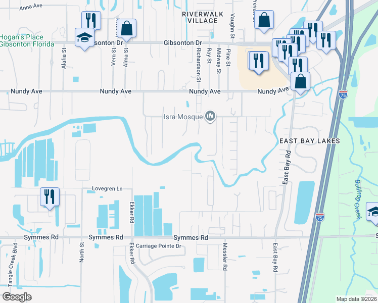 map of restaurants, bars, coffee shops, grocery stores, and more near 11013 Spivey Road in Gibsonton