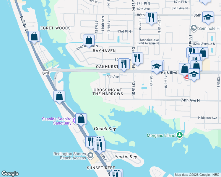map of restaurants, bars, coffee shops, grocery stores, and more near 7555 Harborview Way in Seminole