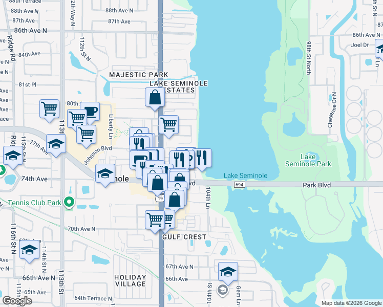 map of restaurants, bars, coffee shops, grocery stores, and more near 10500 Village Drive in Seminole