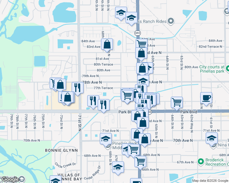 map of restaurants, bars, coffee shops, grocery stores, and more near 7771 67th Way in Pinellas Park