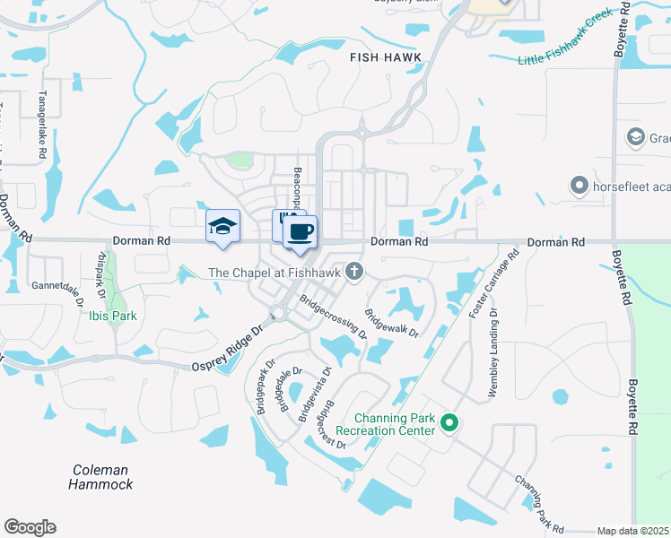 map of restaurants, bars, coffee shops, grocery stores, and more near 16219 Bridgewalk Drive in Lithia
