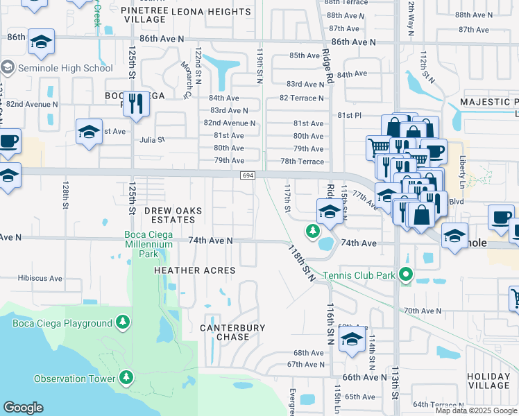 map of restaurants, bars, coffee shops, grocery stores, and more near 32 Mission Circle in Seminole