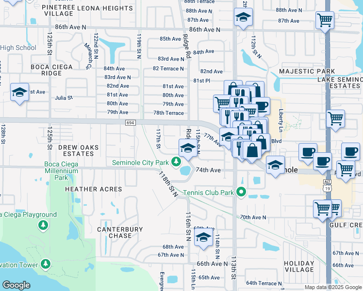 map of restaurants, bars, coffee shops, grocery stores, and more near 7602 76th Avenue North in Seminole