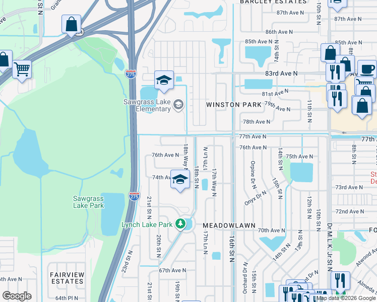 map of restaurants, bars, coffee shops, grocery stores, and more near 7631 18th Way North in St. Petersburg