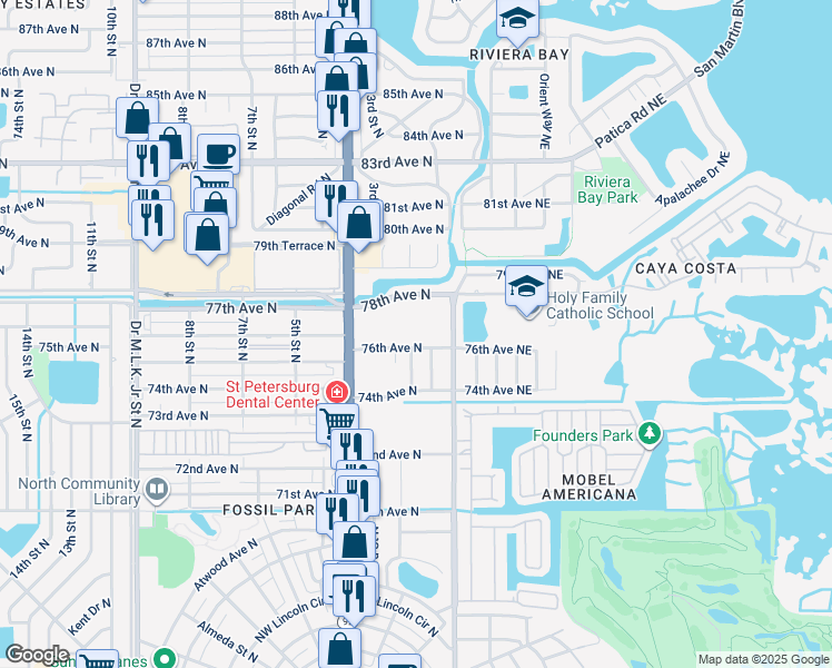 map of restaurants, bars, coffee shops, grocery stores, and more near 86 Access Road in St. Petersburg