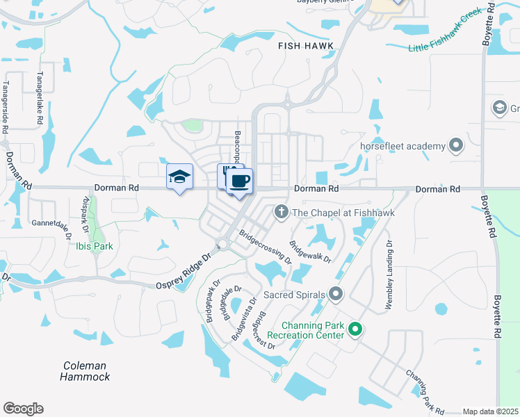 map of restaurants, bars, coffee shops, grocery stores, and more near 16215 Bridgewalk Drive in Lithia