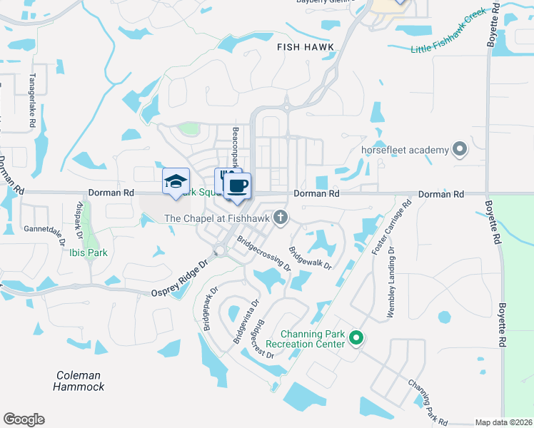 map of restaurants, bars, coffee shops, grocery stores, and more near 16215 Bridgewalk Drive in Lithia