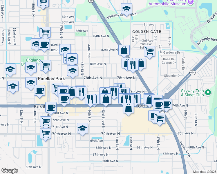 map of restaurants, bars, coffee shops, grocery stores, and more near 4150 78th Avenue North in Pinellas Park