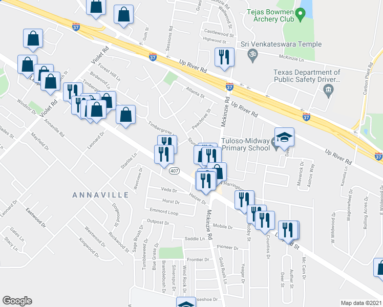 map of restaurants, bars, coffee shops, grocery stores, and more near 3150 Peachtree Street in Corpus Christi