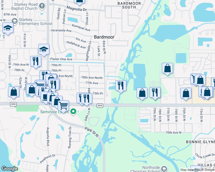 map of restaurants, bars, coffee shops, grocery stores, and more near 7669 Caponata Boulevard in Seminole