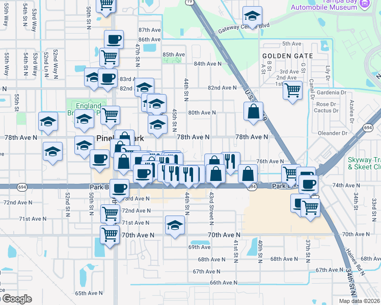 map of restaurants, bars, coffee shops, grocery stores, and more near 4370 76th Terrace North in Pinellas Park