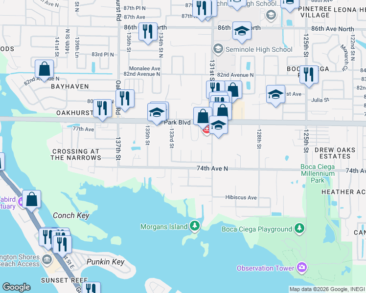 map of restaurants, bars, coffee shops, grocery stores, and more near 7575 132nd Way in Seminole