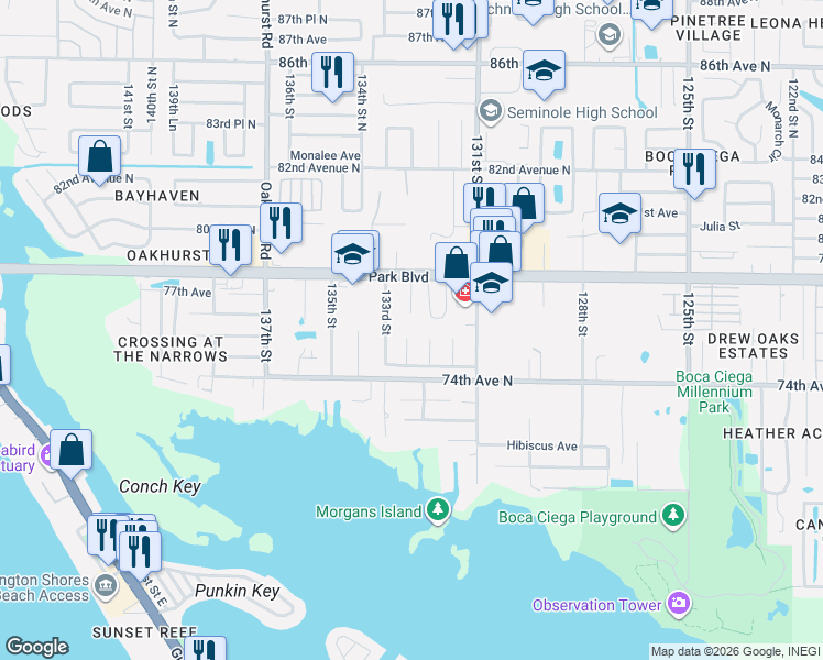 map of restaurants, bars, coffee shops, grocery stores, and more near 7575 132nd Way in Seminole