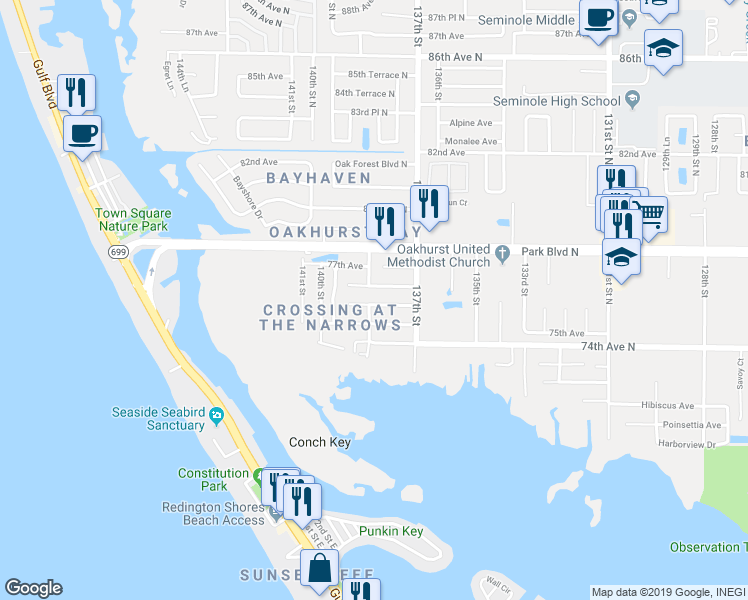 map of restaurants, bars, coffee shops, grocery stores, and more near 13837 76th Avenue in Seminole