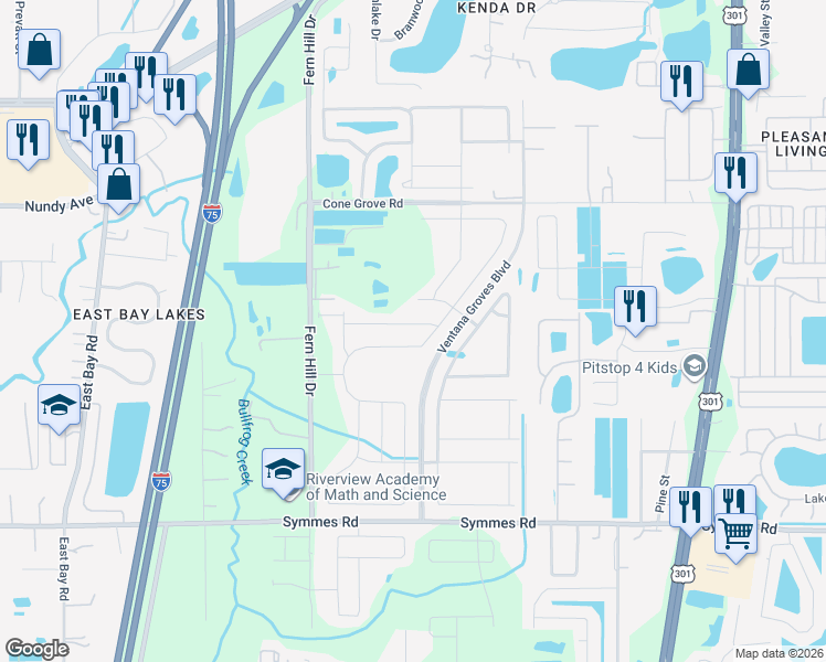 map of restaurants, bars, coffee shops, grocery stores, and more near 10133 Tuscan Sun Avenue in Riverview