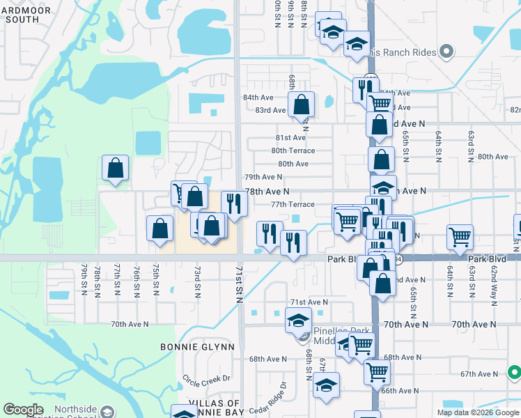 map of restaurants, bars, coffee shops, grocery stores, and more near 6992 77th Terrace in Pinellas Park